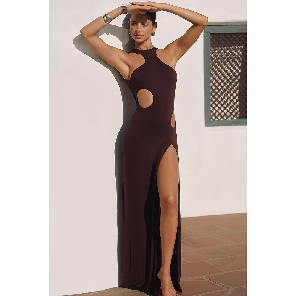 Riot Swim Capri Coverup Maxi Dress L Cut Out Halter Open Back Resort Beach NWT‎